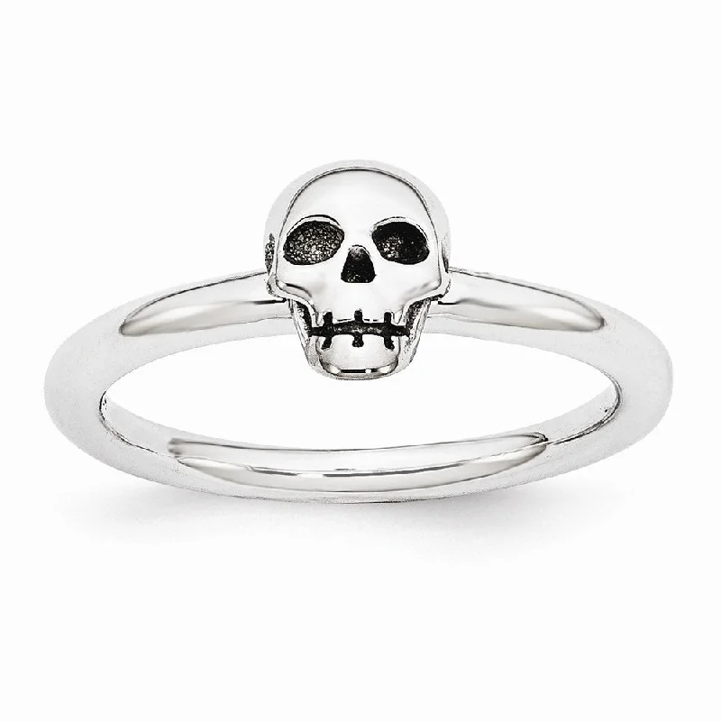 Women's rings hand-brushed-Rhodium Plated Sterling Silver Stackable 6mm Antiqued Skull Ring