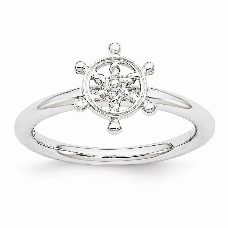 Women's rings nature-silver-Rhodium Plated Sterling Silver Stackable 9mm Ship's Wheel Ring