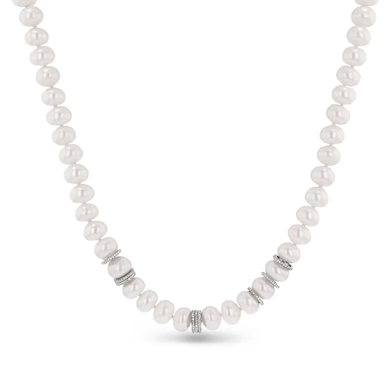 Women's necklaces glowing-accent-Hand Knotted White Pearl and Diamond Necklace  N0002970