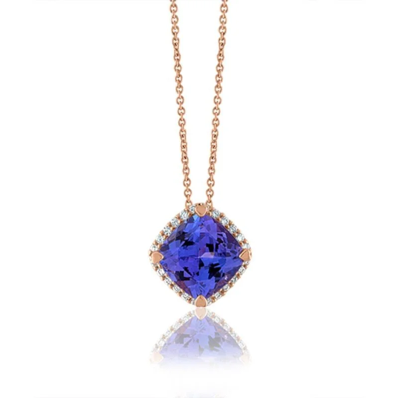 Women's necklaces romantic-hue-Lisa Nik 18k rose gold Rocks 8mm cushion shape tanzanite pendant necklace