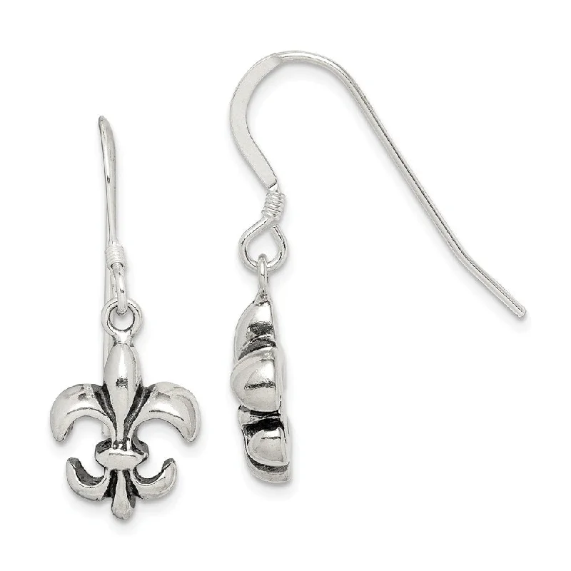 Women's earrings subtle-hoop-Fleur De Lis Dangle Earrings in Antiqued Sterling Silver