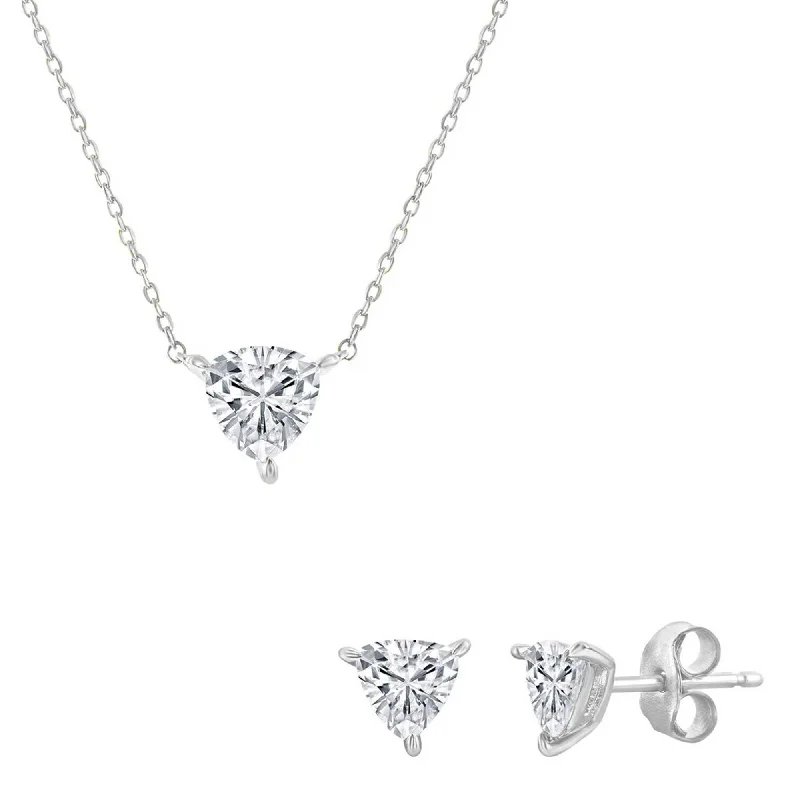 Women's necklaces sculpted-chic-Classic Women's Necklace and Earrings Set - Silver Solitaire Trillion CZ | SET-615