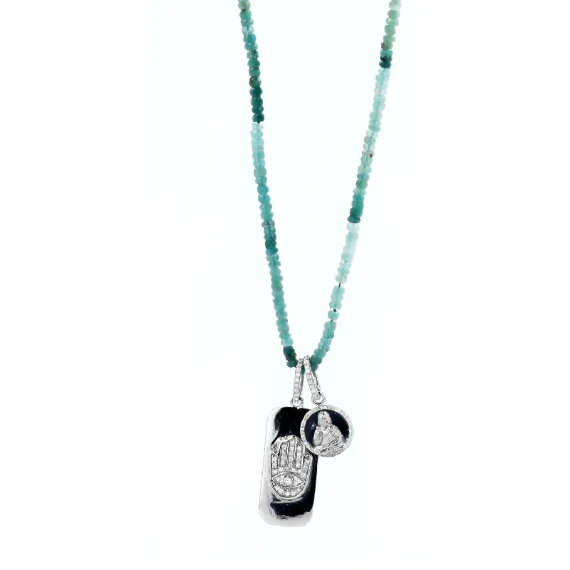 Women's necklaces hand-woven-Hamsa Tag & Buddha Coin Pendants on Grandidierite Bead Necklace - 34"  N0003159