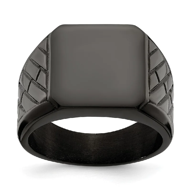 Women's rings carved-detail-Men's 14.5mm Black Plated Stainless Steel Tapered Signet Ring