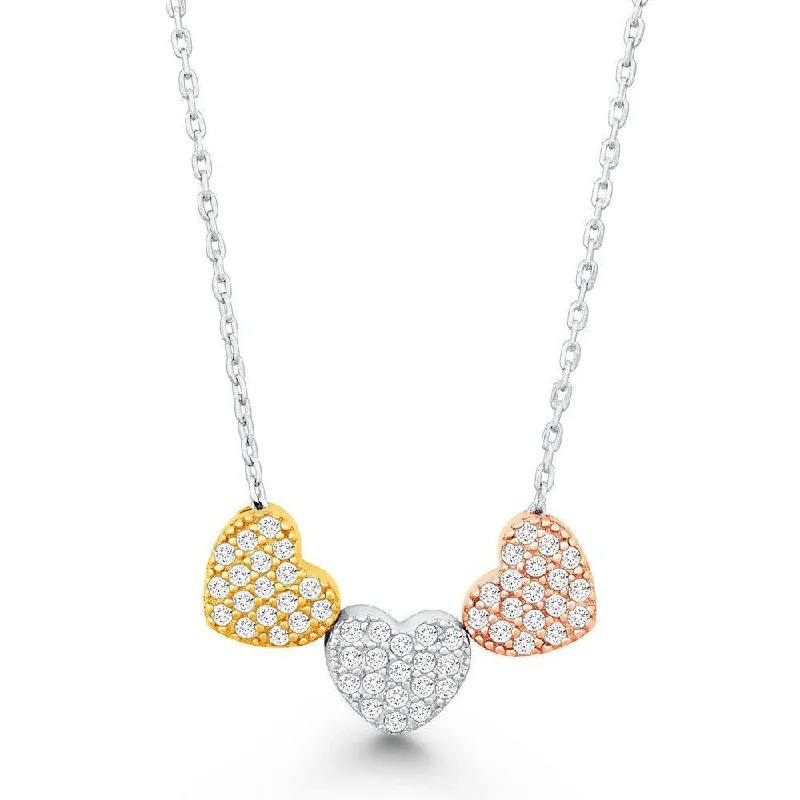 Women's necklaces antique-grace-Sterling Silver Three Tri Color CZ Hearts Necklace