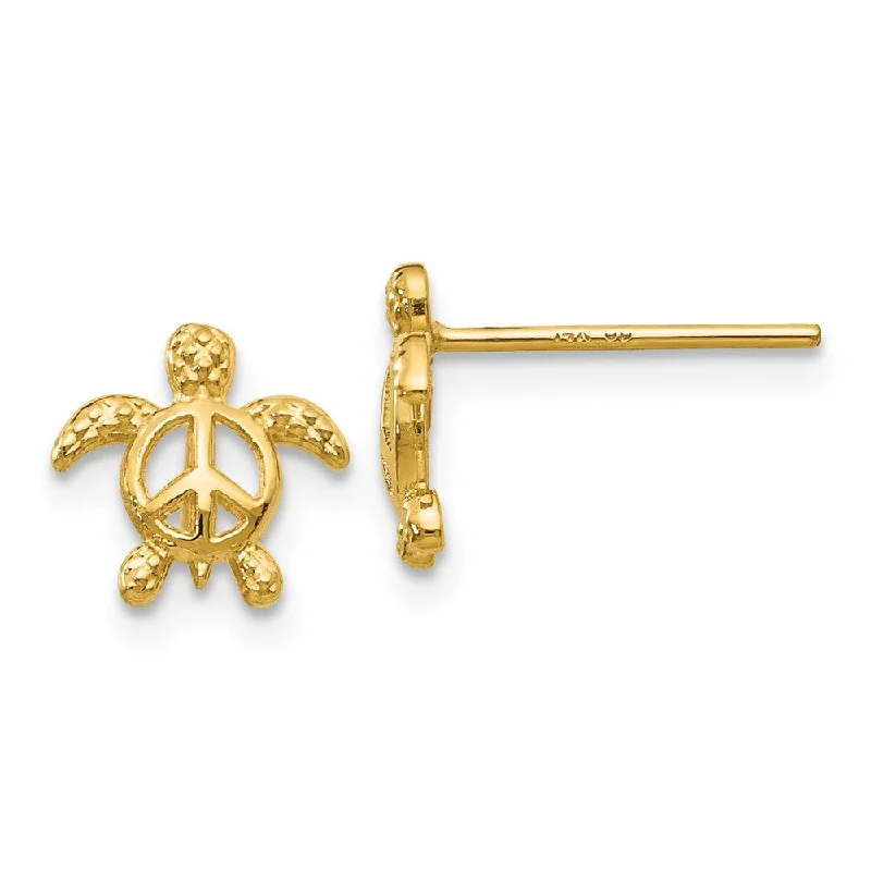 Women's earrings dainty-dot-Kids 8mm Open Peace Sign Turtle Post Earrings in 14k Yellow Gold