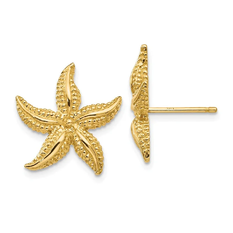 Women's earrings simple-drop-15mm Satin Textured Starfish Post Earrings in 14k Yellow Gold