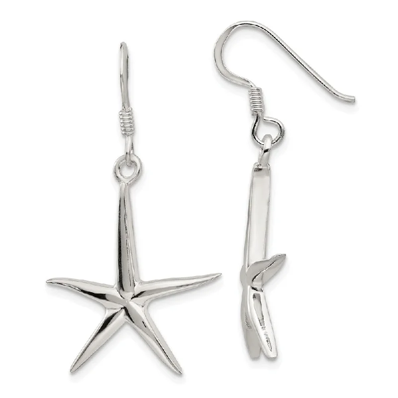 Women's earrings fine-bar-20mm Polished Pencil Starfish Dangle Earrings in Sterling Silver