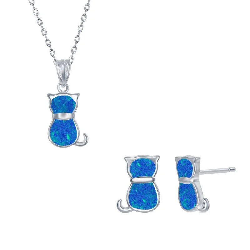 Women's necklaces satin-silver-Opalata Women's Necklace and Earrings Set - Sterling Silver Blue Opal Cat | SET-577