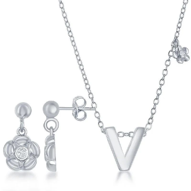 Women's necklaces sculpted-link-Sterling Silver Shiny "V" Necklace and Earrings Set