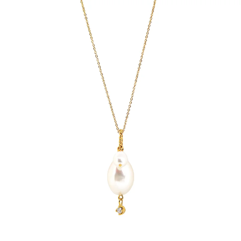 Women's necklaces triple-layer-Double Pearls and Diamond Pendant / Necklace, Solid Gold