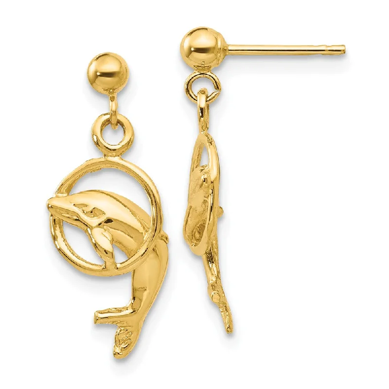 Women's earrings minimal-chain-Dolphin & Hoop Dangle Post Earrings in 14k Yellow Gold