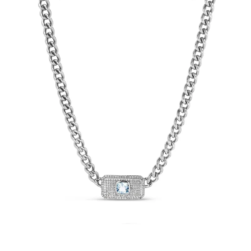 Women's necklaces ethereal-gem-Aquamarine & Pave Diamond Pendant Chain Necklace - 16"  N0002879