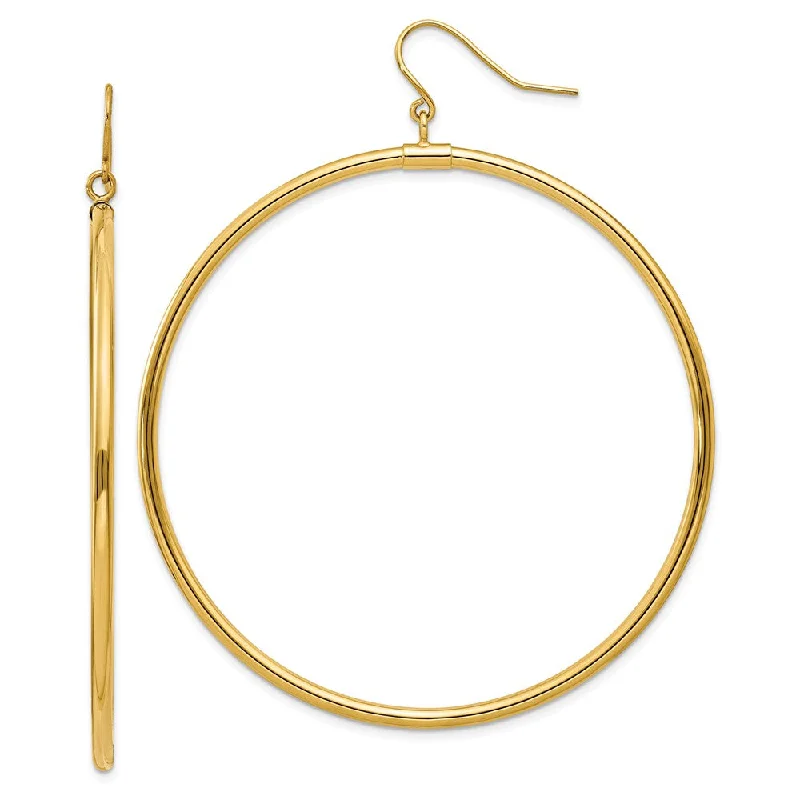 Women's earrings fine-twist-2mm, 14k Yellow Gold, Extra Large Tube Hoop Dangle Earrings, 55mm