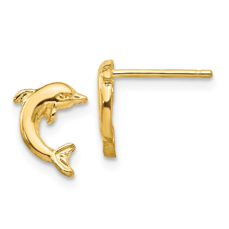 Women's earrings dainty-drop-Small 2D Jumping Dolphin Post Earrings in 14k Yellow Gold