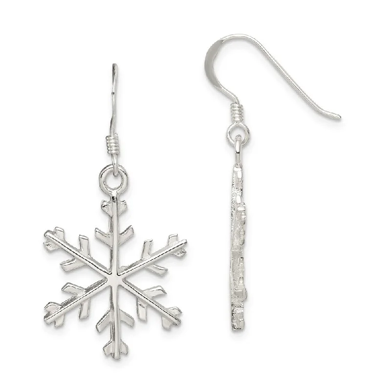 Women's earrings sleek-hoop-Sterling Silver Polished Snowflake Dangle Earrings - 7/8 Inches