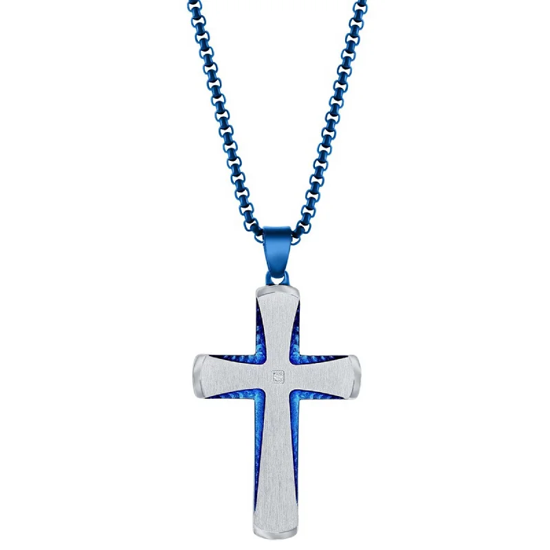 Women's necklaces radiant-edge-Metallo Men's Necklace - Stainless Steel Blue and Silver Single CZ Cross | SL-7120