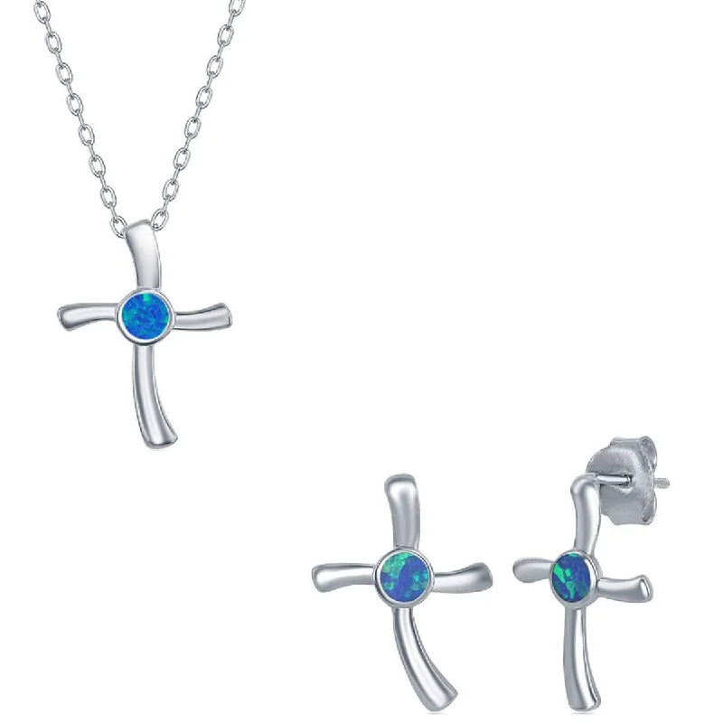 Women's necklaces flowing-pendant-Opalata Women's Necklace and Earrings Set - Sterling Silver Blue Opal Cross | SET-583