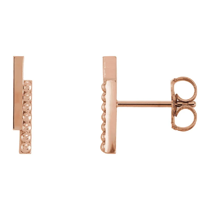 Women's earrings fine-silver-2.3 x 12mm (7/16 Inch) 14k Rose Gold Polished & Beaded Bar Earrings