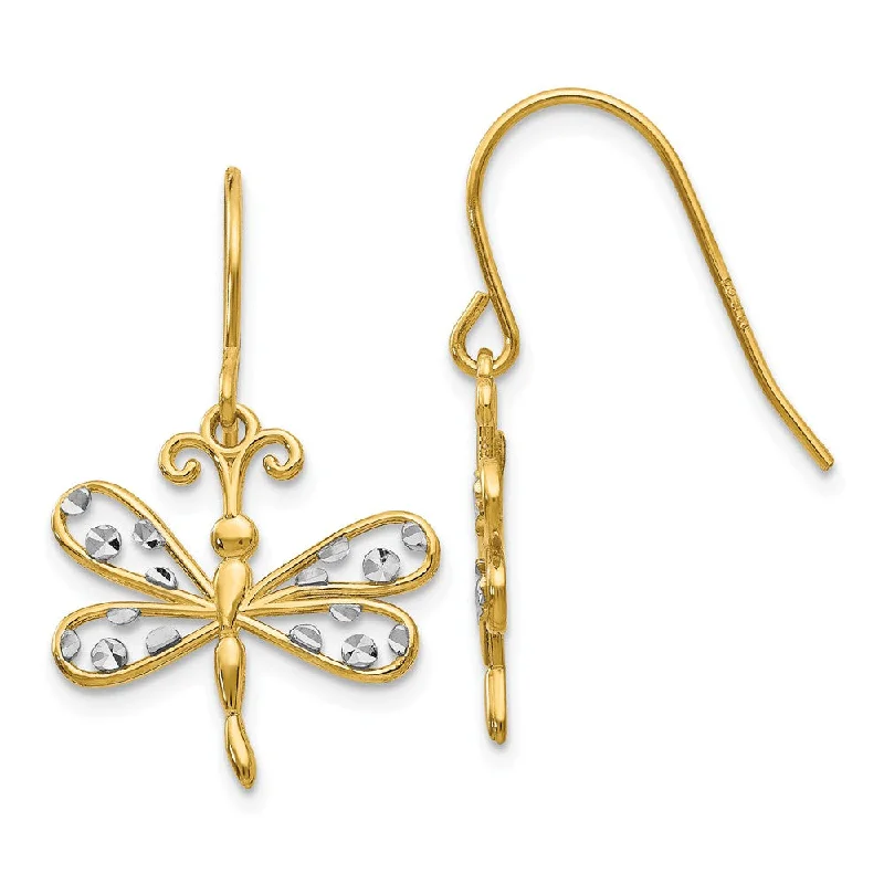 Women's earrings petite-gold-15mm Two Tone Dragonfly Dangle Earrings in 14k Gold