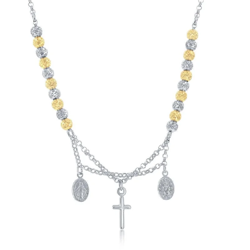 Women's necklaces ornate-charm-Sterling Silver Two Tone Cross and Medal Necklace