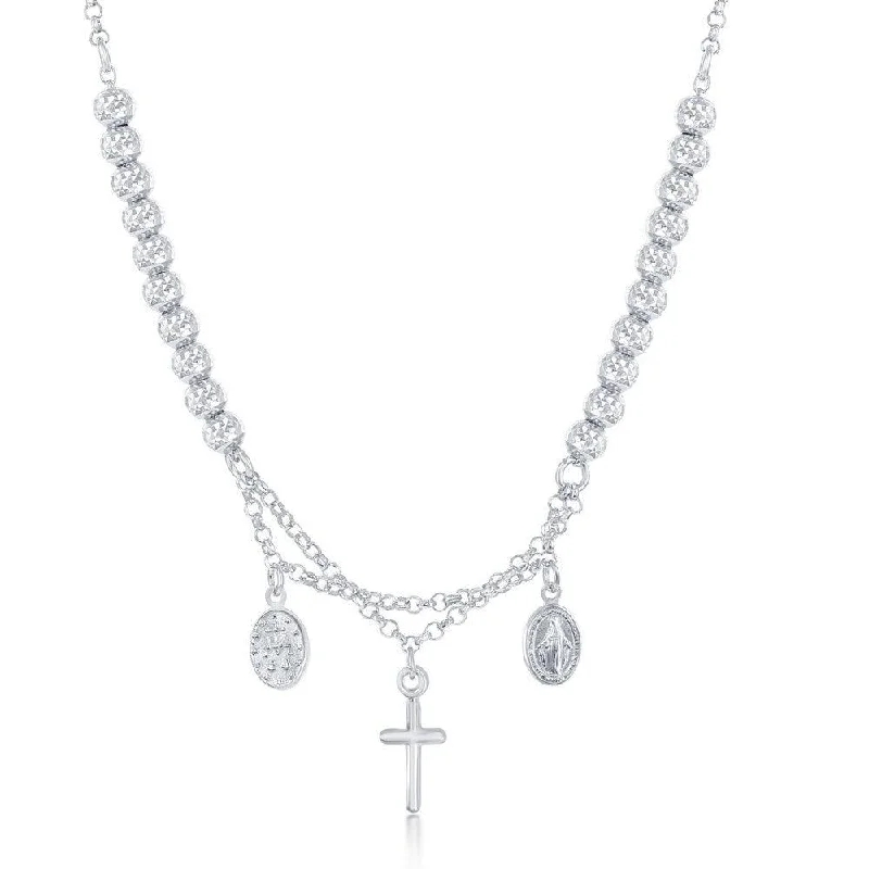 Women's necklaces delicate-platinum-Sterling Silver Diamond Cut Cross and Medal Necklace