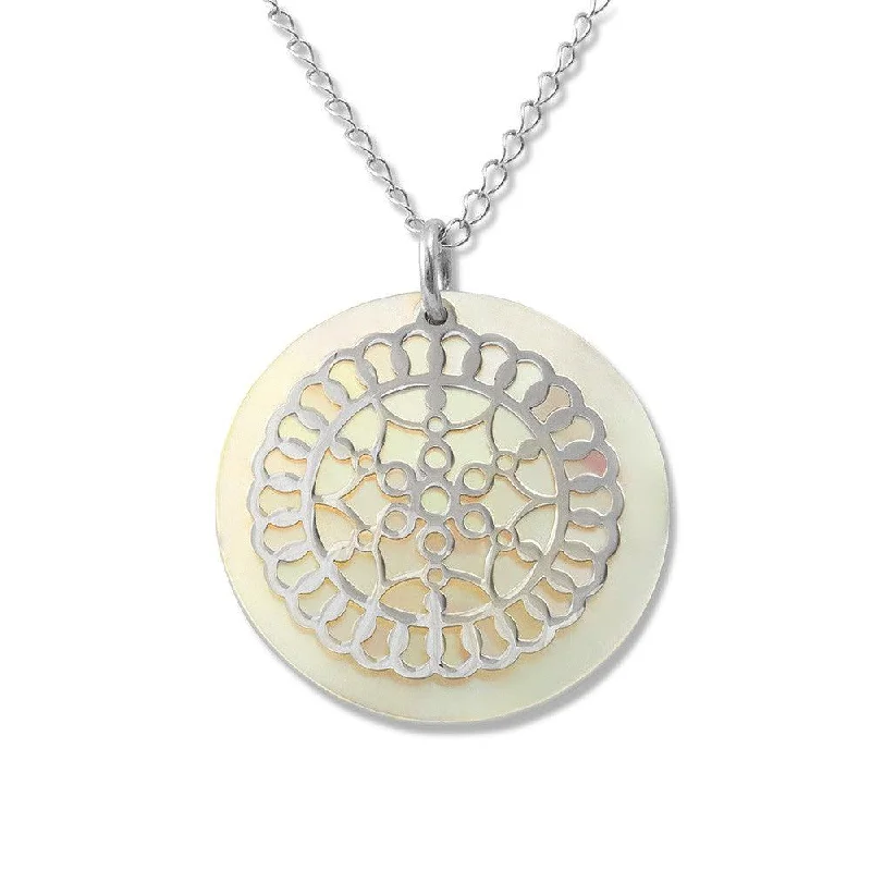 Women's necklaces shimmering-gold-Sterling Silver Designed Circle MOP Disc Necklace