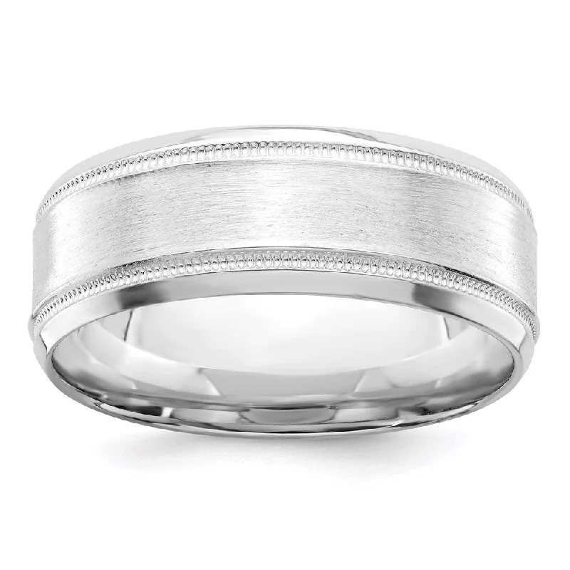 Women's rings rustic-silver-8mm Rhodium Plated Sterling Brushed Flat Milgrain & Beveled Edge Band