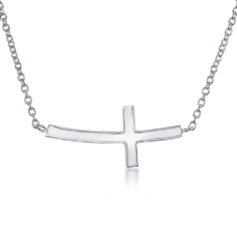 Women's necklaces playful-pendant-Sterling Silver Rhodium Plated Curved Sideways Cross Necklace