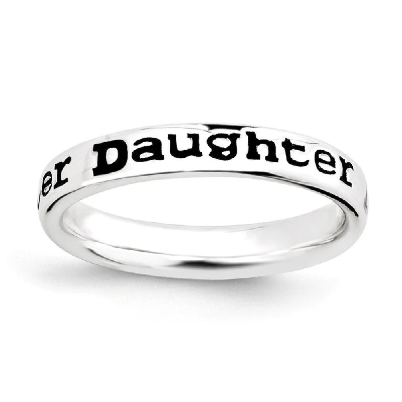 Women's rings bold-taper-3.5mm Sterling Silver Stackable Black Enamel Daughter Script Band