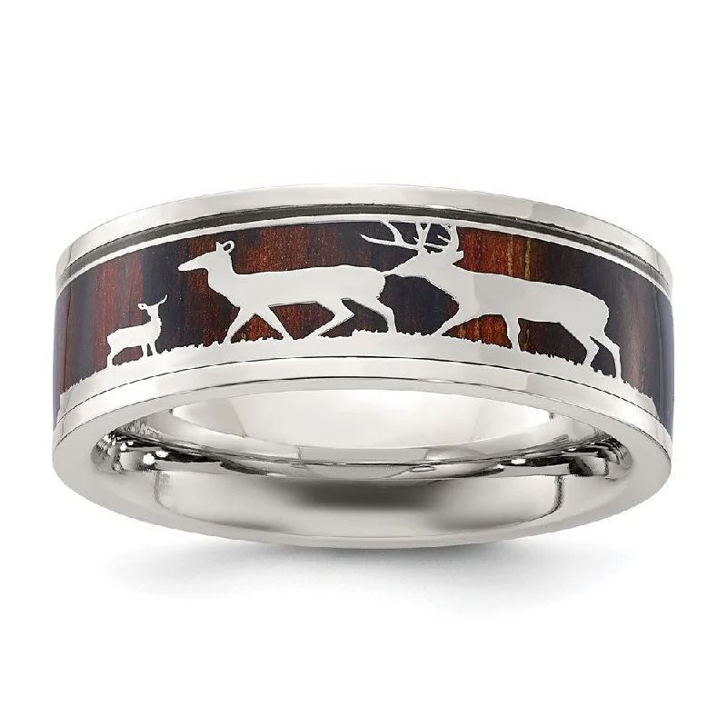 Women's rings crafted-detail-Men's 8mm Stainless Steel Wood & Enamel Inlay Deer Design Flat Band