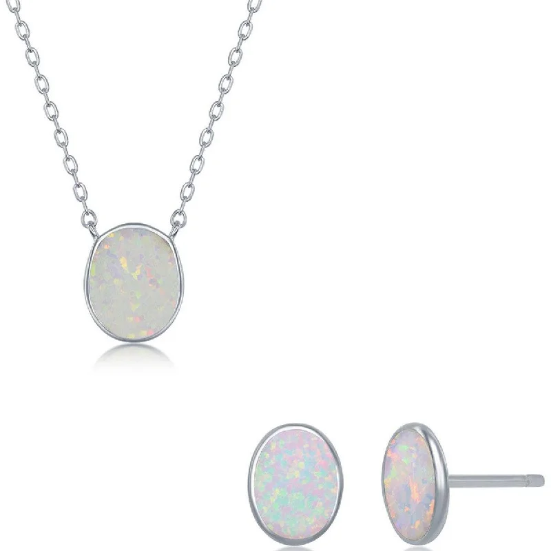 Women's necklaces whimsical-Opalata Women's Necklace and Earrings Set - Sterling White Opal Oval Disc | SET-582