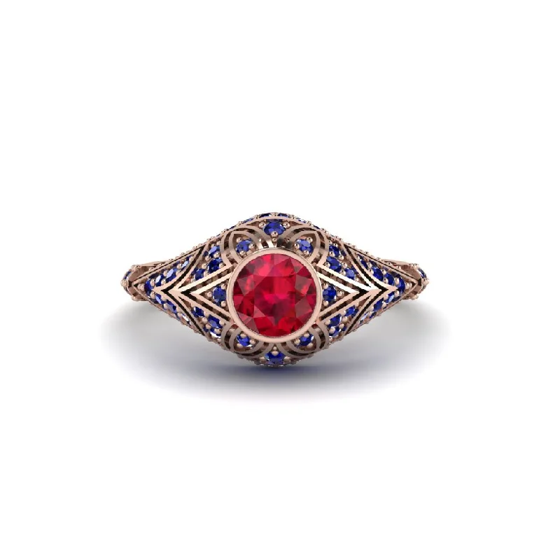 Women's engagement rings antique-halo-Ruby Bezel Vintage Filigree Engagement Ring - Kendall No. 71