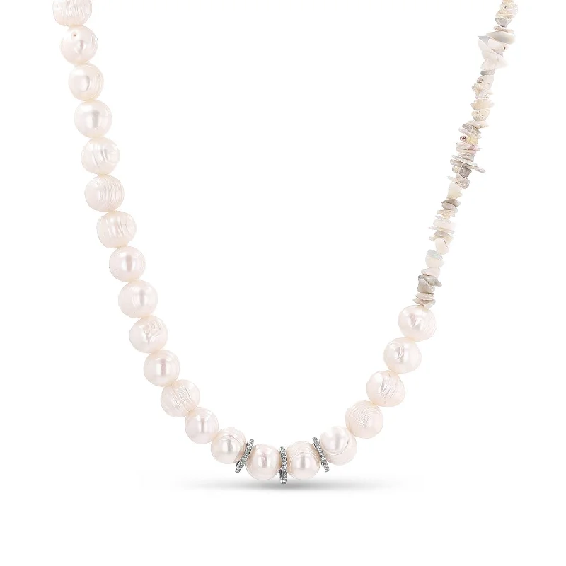 Women's necklaces gala-chic-Pearl Bead & Australian Opal Chip Necklace with Three Diamond Rondelles - 18"  N0003432