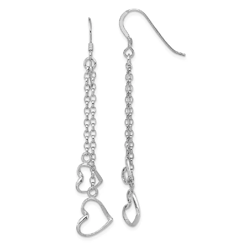 Women's earrings sleek-twist-Double Open Heart Chain Dangle Earrings in Sterling Silver