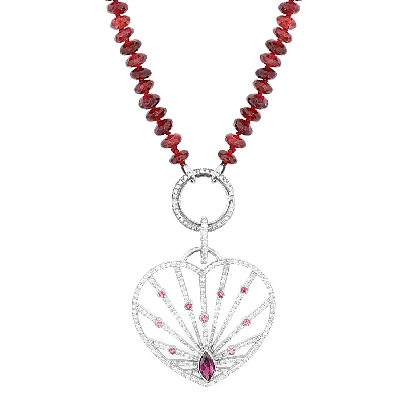 Women's necklaces artisan-charm-Garnet Pink Tourmaline Diamond Heart Ray Pendant on Garnet Necklace - 36"  N0003394