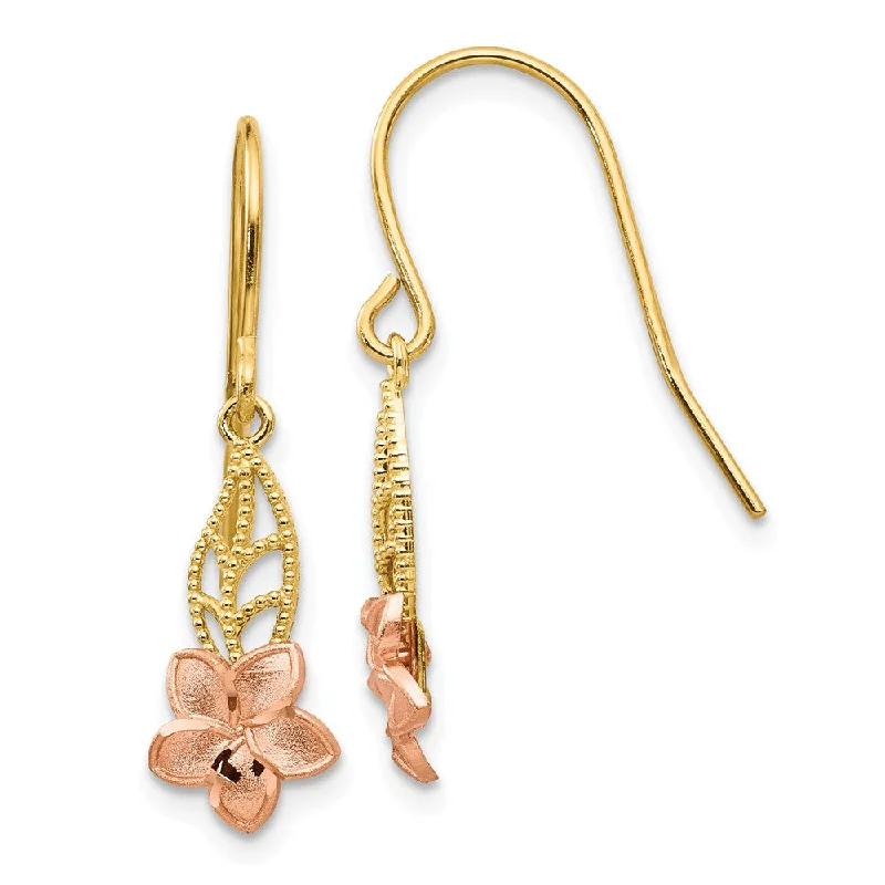 Women's earrings subtle-hoop-Small Two Tone Plumeria Dangle Earrings in 14k Yellow and Rose Gold