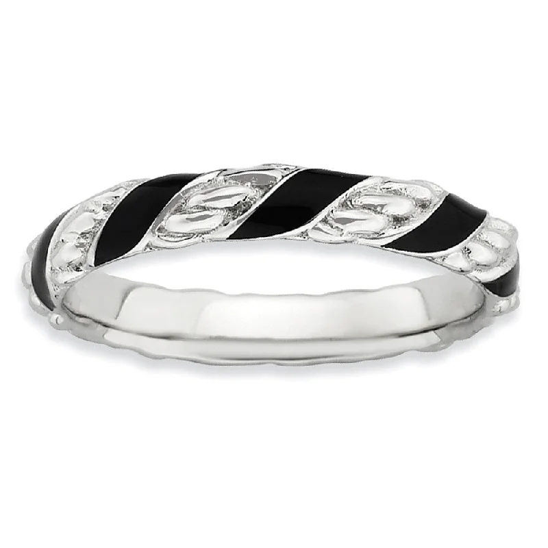 Women's rings uncommon-gem-3.25mm Silver Twisted Black Enameled Stackable Band