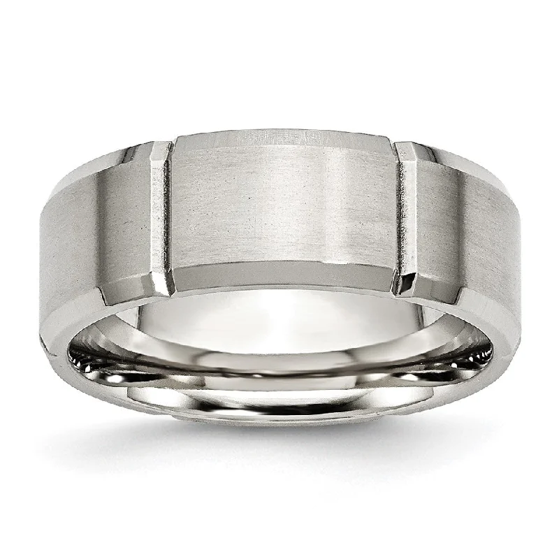 Women's rings micro-chic-Men's 8mm Stainless Steel Grooved & Beveled Edge Standard Fit Band