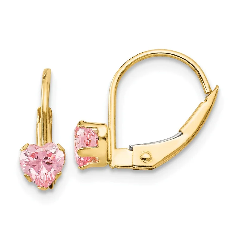 Women's earrings sleek-twist-Kids 4mm Heart Shaped Pink Cubic Zirconia Lever Earrings in 14k Gold