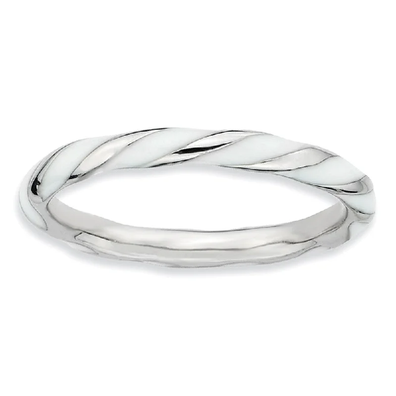 Women's rings petite-crystal-2.4mm Silver Twisted White Enameled Stackable Band