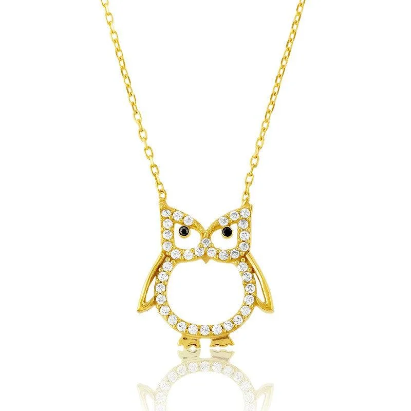 Women's necklaces romantic-accent-Sterling Silver Gold CZ Open Owl Necklace