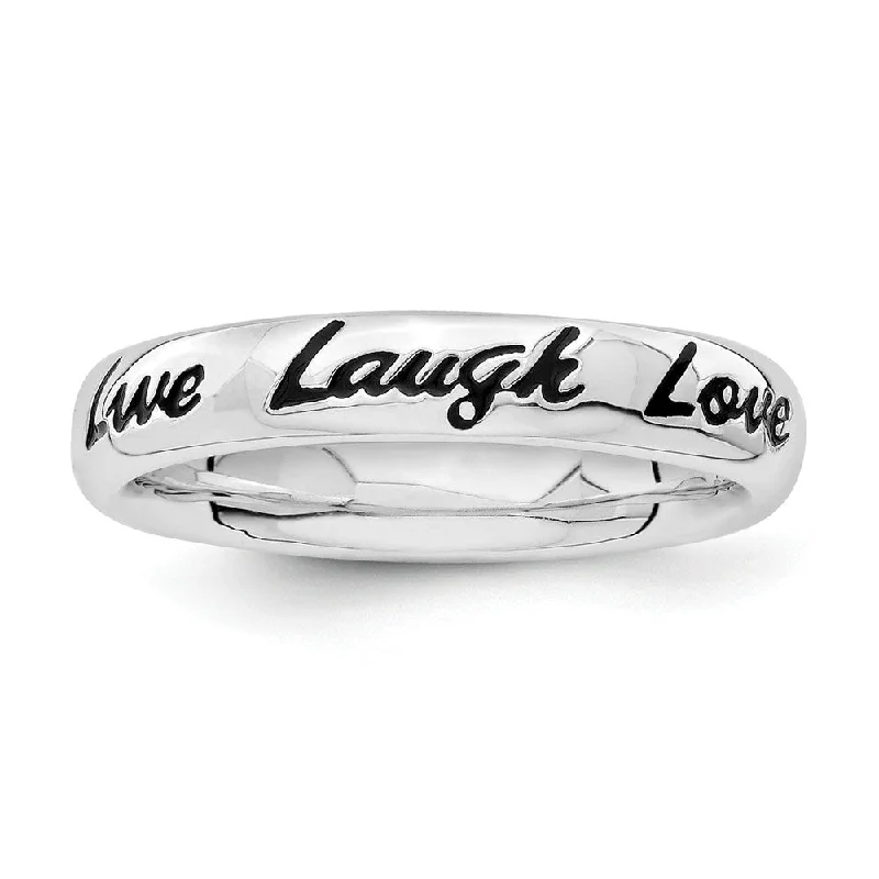 Women's rings coral-stone-4mm Sterling Silver Stackable Black Enamel Live Laugh Love Script Band