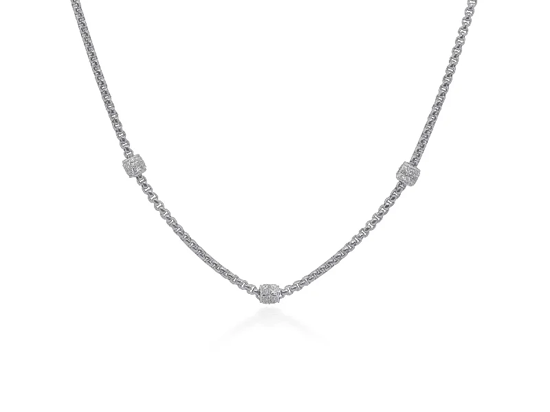 Women's necklaces antique-luxe-ALOR Grey Chain Expressions Barrel Station Necklace with 14kt White Gold & Diamonds