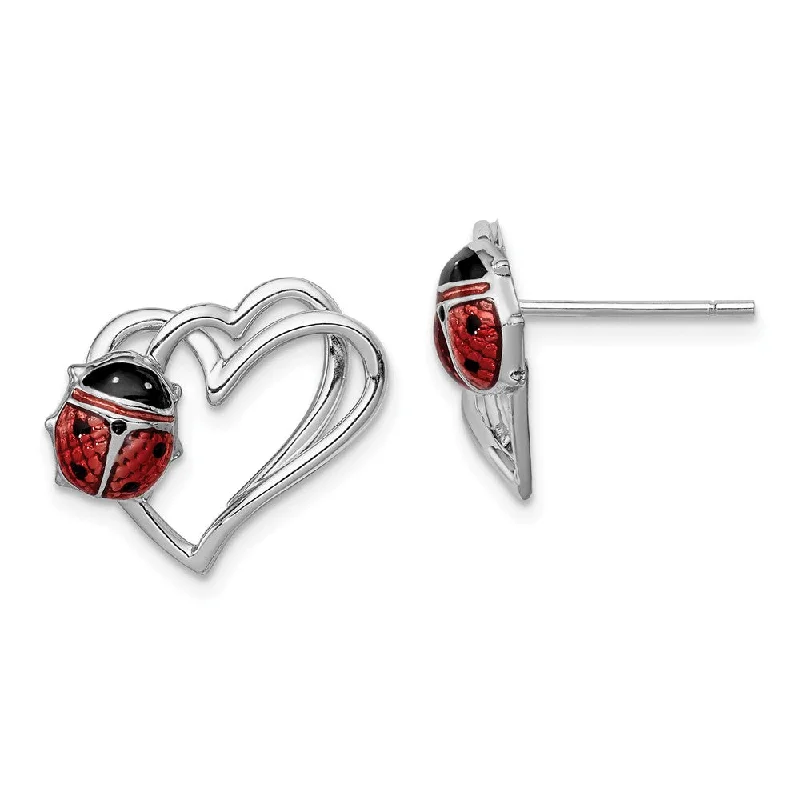 Women's earrings micro-stud-15mm Heart and Enameled Ladybug Post Earrings in Sterling Silver