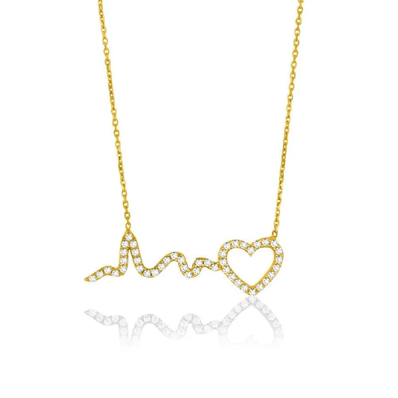 Women's necklaces ornate-charm-Sterling Silver Gold Plated CZ Heart Heartbeat Necklace