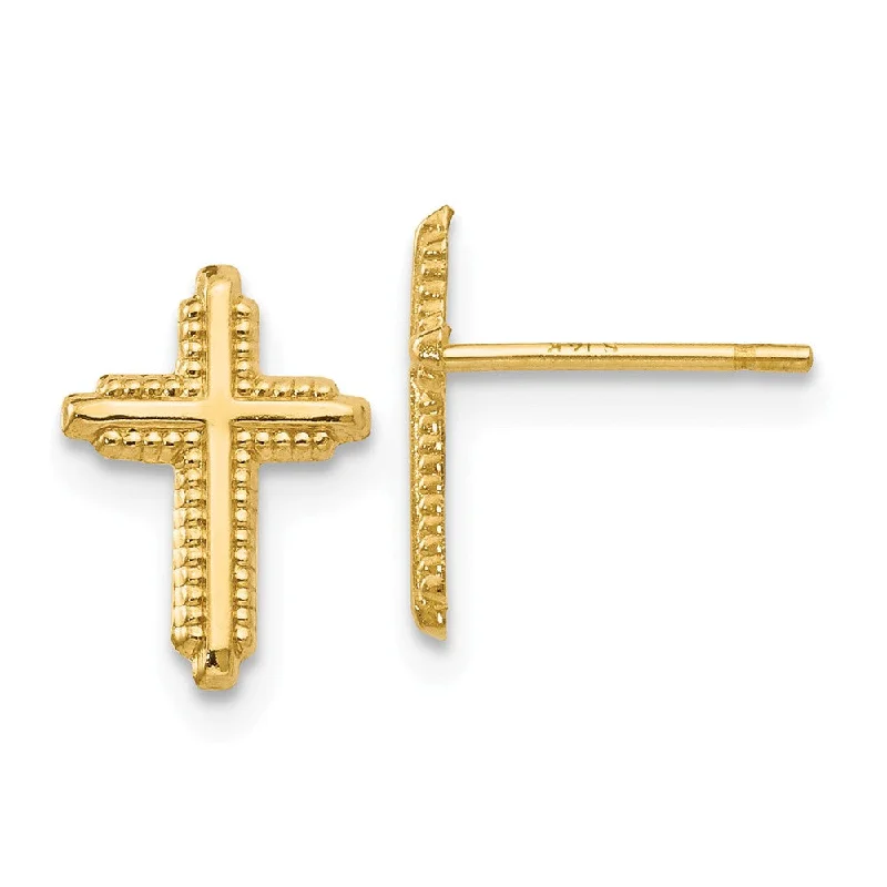 Women's earrings simple-drop-Kids 10mm Textured Cross Post Earrings in 14k Yellow Gold