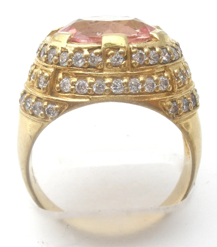 Women's rings vivid-detail-Pink CZ Halo Dome Ring Vermeil 925 Size 8.5