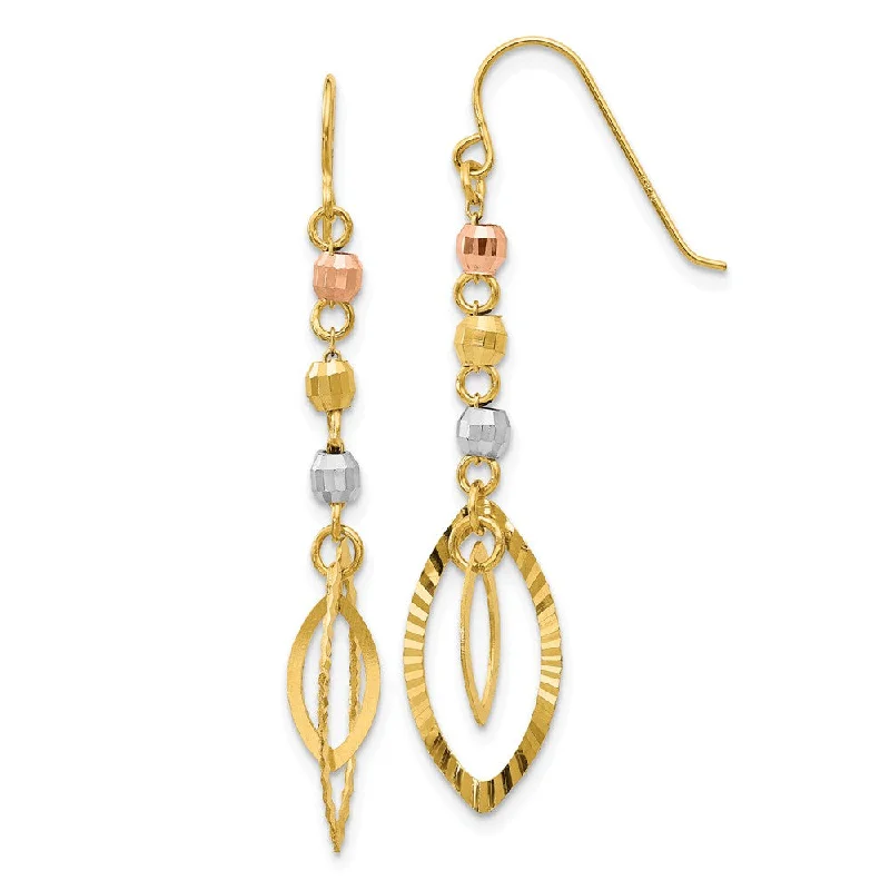 Women's earrings subtle-chain-Tri-Color Bead and Marquise Shaped Dangle Earrings in 14k Gold