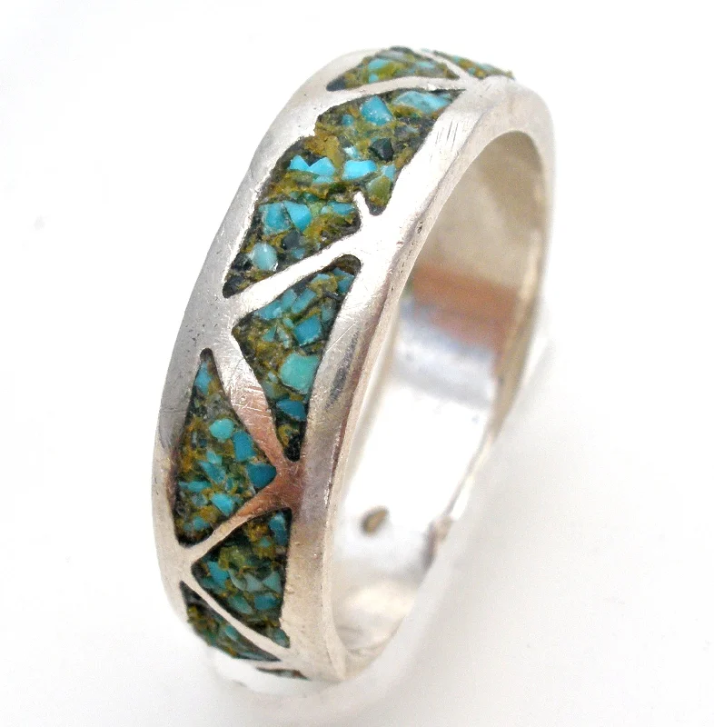 Women's rings carved-detail-Sterling Silver Mosaic Turquoise Band Ring Size 7